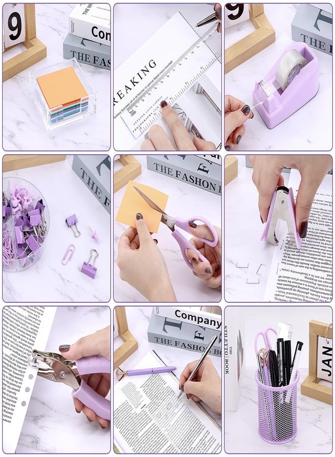 Froidesente 17 in 1 Purple Desk Organizers and Accessories Set, 3 Office Desk Supplies Storage Organization, 4 Pens, Stapler, Staples & Remover, Tape & Dispenser, Scissors, Ruler, Clips, Hole Punch Back to School - Image 5