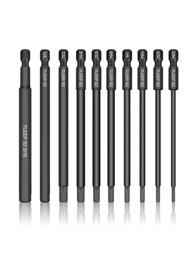 Generic Tleep  10 x Long 100MM 1 4 Inch Hex Head Allen Wrench Drill Bits 5 16 to 5 64 SAE Magnetic Tips Screwdriver Socket Bit Set for Ikea Type Furniture S2 Steel 5 16 inch to 5 64 inch  - Image 1