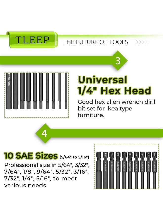 Generic Tleep  10 x Long 100MM 1 4 Inch Hex Head Allen Wrench Drill Bits 5 16 to 5 64 SAE Magnetic Tips Screwdriver Socket Bit Set for Ikea Type Furniture S2 Steel 5 16 inch to 5 64 inch  - Image 5