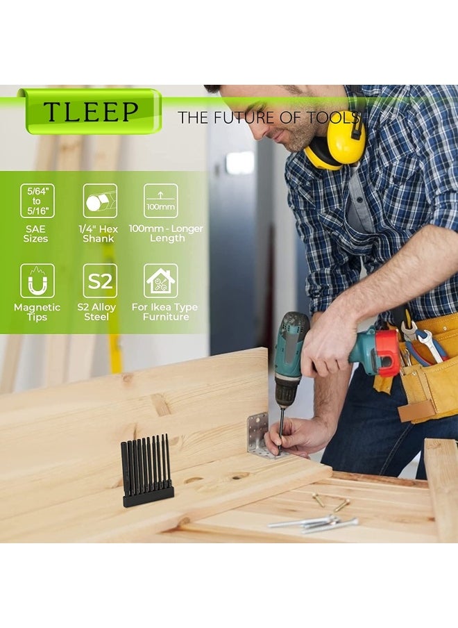 Generic Tleep  10 x Long 100MM 1 4 Inch Hex Head Allen Wrench Drill Bits 5 16 to 5 64 SAE Magnetic Tips Screwdriver Socket Bit Set for Ikea Type Furniture S2 Steel 5 16 inch to 5 64 inch  - Image 3