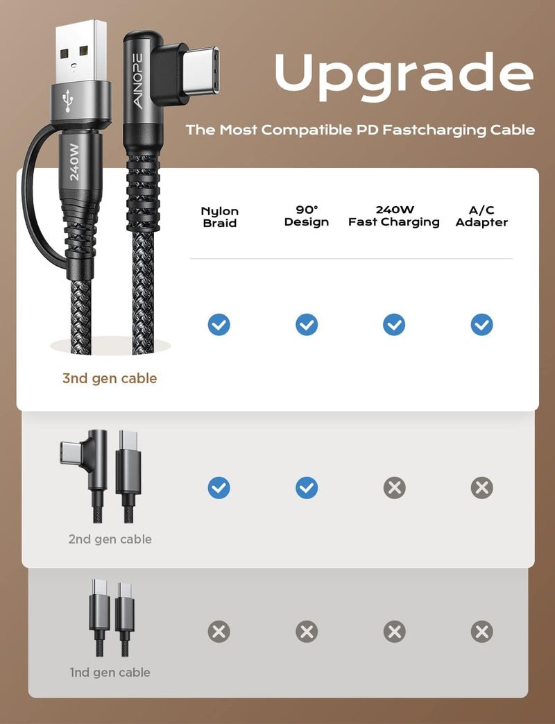 AINOPE 240W Long USB C Cable Multi 4 in 1 Charging Cable Fast Charging C Type Charger Fast Charge USB to USB C,Right Angle Fit iPhone 17 16 15 Pro Max iPad Samsung 10FT Black - Image 2