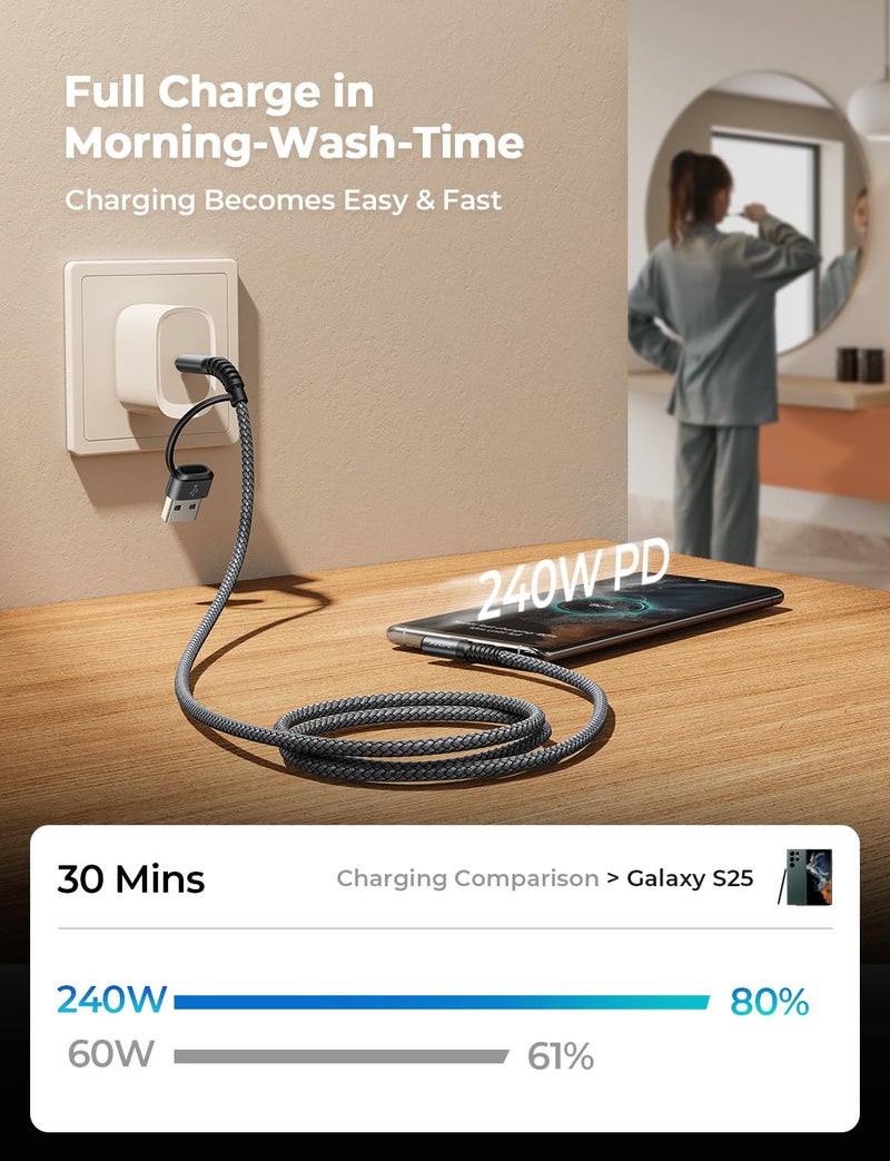 AINOPE 240W Long USB C Cable Multi 4 in 1 Charging Cable Fast Charging C Type Charger Fast Charge USB to USB C,Right Angle Fit iPhone 17 16 15 Pro Max iPad Samsung 10FT Black - Image 3