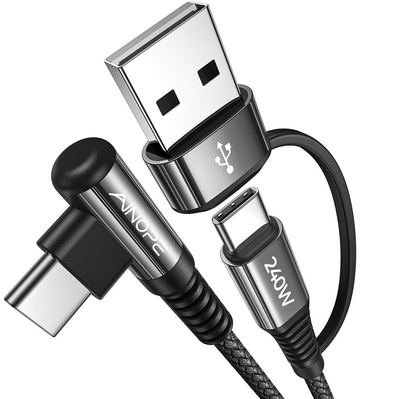 AINOPE 240W Long USB C Cable Multi 4 in 1 Charging Cable Fast Charging C Type Charger Fast Charge USB to USB C,Right Angle Fit iPhone 17 16 15 Pro Max iPad Samsung 10FT Black - Image 1