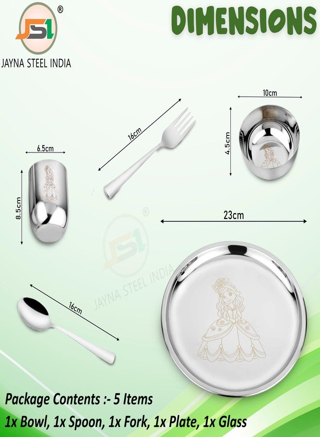 JSI طقم عشاء دائري للأطفال من الفولاذ المقاوم للصدأ JSI 304، طقم ثالي من 5 قطع - تصميم باربي محفور بالليزر - متين وآمن للطعام - طبق واحد، كوب واحد، وعاء واحد، ملعقة واحدة، وشوكة واحدة - Image 4