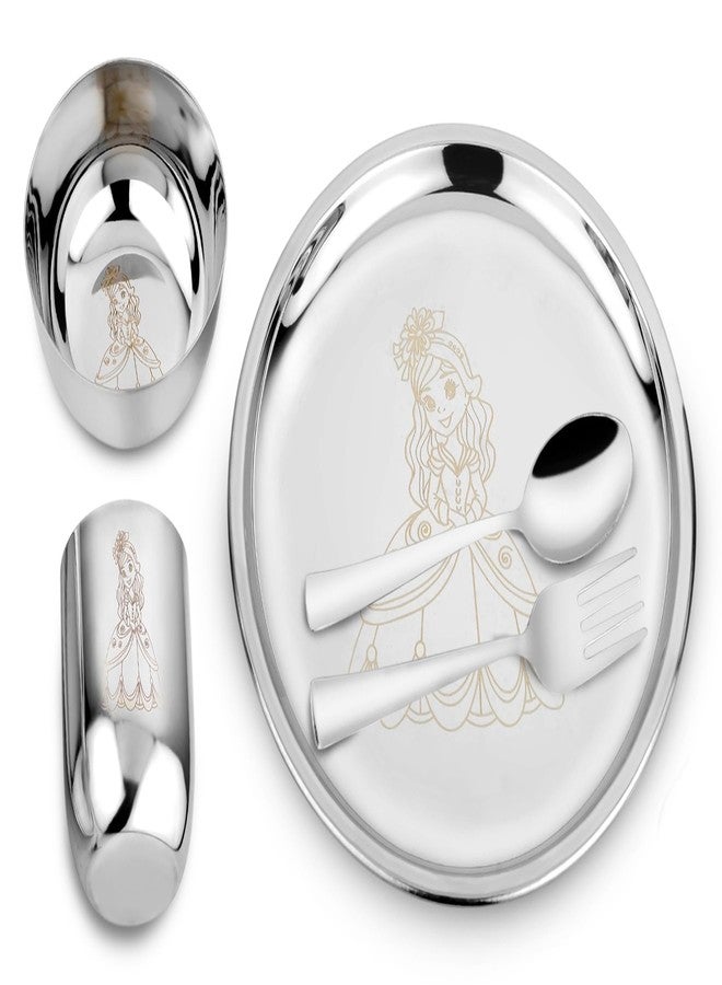 JSI طقم عشاء دائري للأطفال من الفولاذ المقاوم للصدأ JSI 304، طقم ثالي من 5 قطع - تصميم باربي محفور بالليزر - متين وآمن للطعام - طبق واحد، كوب واحد، وعاء واحد، ملعقة واحدة، وشوكة واحدة - Image 1