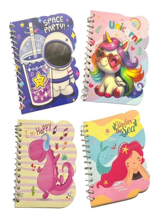 TOOYEP Cute Cartoon 4-Piece Pocket Diaries for Kids - Mini Spiral Notebooks with Unicorn, Dinosaur, Space & Mermaid Prints, 50 Ruled Pages Each, Ideal Party Return Gifts for Boys & Girls (Multicolor) - Image 1