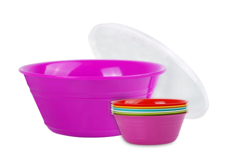 Mintra Large Popcorn Bowl with lid  with 6 small bowls  in vibrant colors + Pack of 7 - Size 20x11x20 cm - Image 1