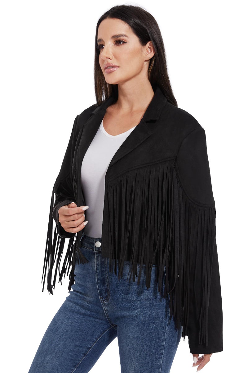 Fahsyee Fringe Leather Jacket Women, Western Cowgirl Outfits for Women Country Concert Wear Suede Cropped Coat Black M - Image 3