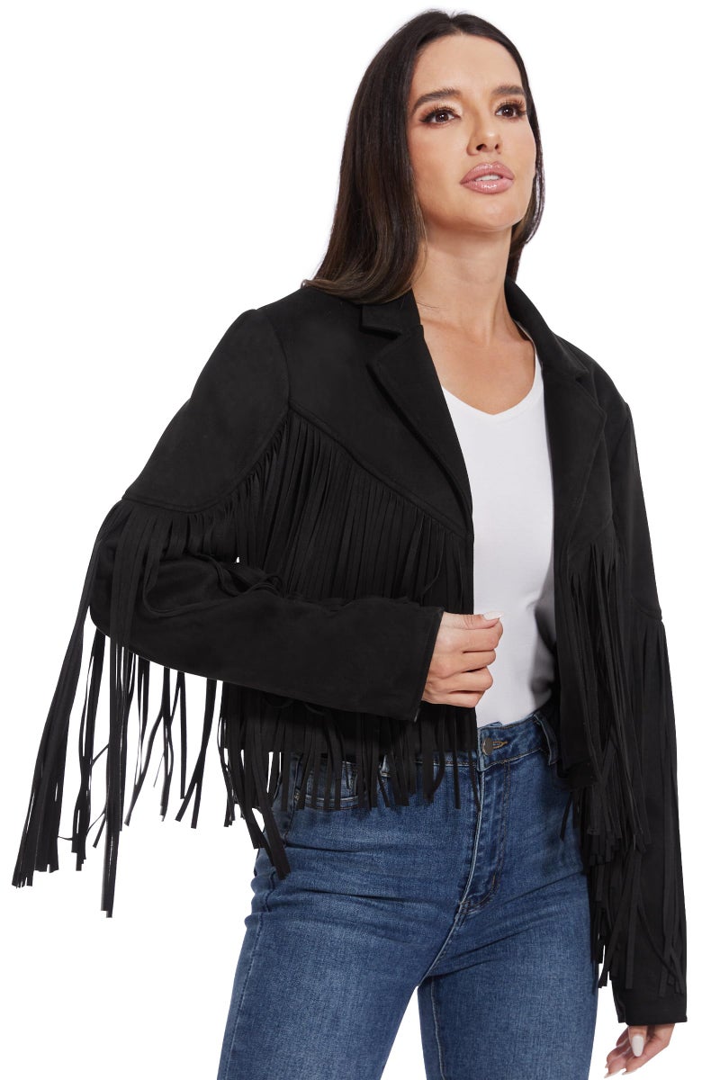 Fahsyee Fringe Leather Jacket Women, Western Cowgirl Outfits for Women Country Concert Wear Suede Cropped Coat Black M - Image 4