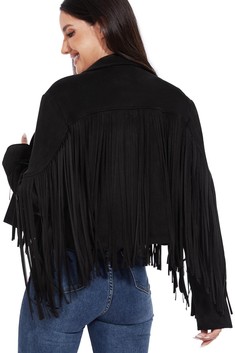 Fahsyee Fringe Leather Jacket Women, Western Cowgirl Outfits for Women Country Concert Wear Suede Cropped Coat Black M - Image 1