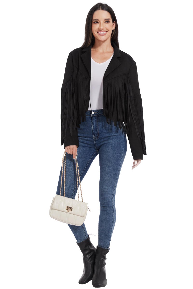 Fahsyee Fringe Leather Jacket Women, Western Cowgirl Outfits for Women Country Concert Wear Suede Cropped Coat Black M - Image 5