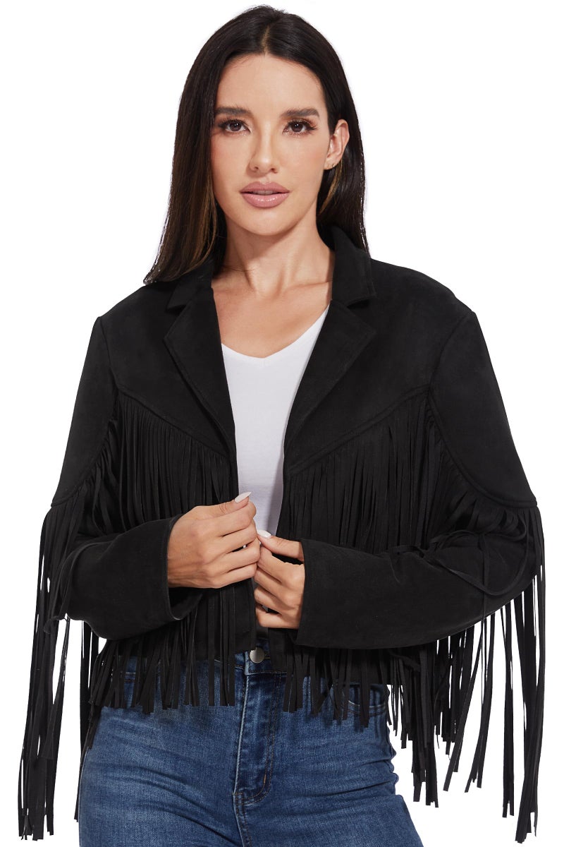 Fahsyee Fringe Leather Jacket Women, Western Cowgirl Outfits for Women Country Concert Wear Suede Cropped Coat Black M - Image 2