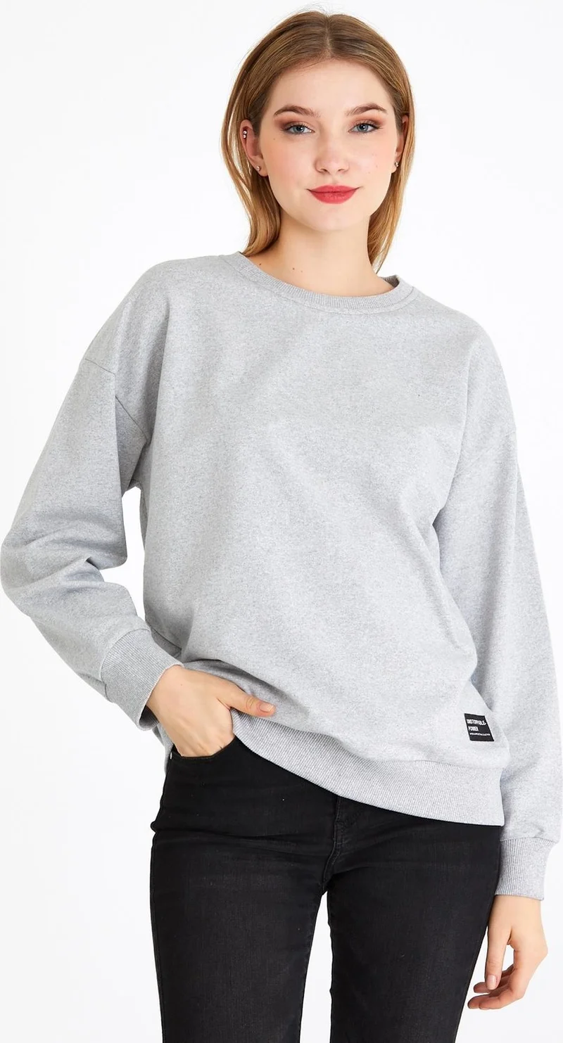 mmetalic Women's Gray Color Basic Crew Neck Sweatshirt