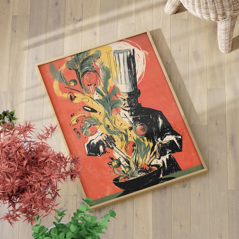 TNESSENTIAL Abstract Chef Illustration Red Art Poster or Canvas Print, Playful Kitchen Wall Decor, Chef Cooking Restaurant Wall Print, Chef Gift Idea - Image 1