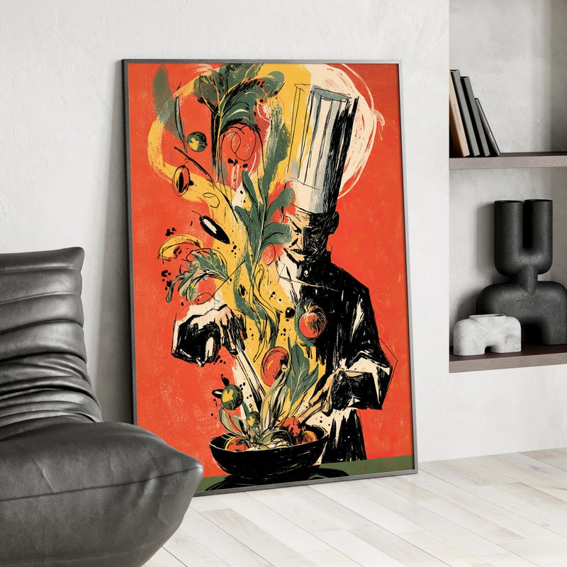 TNESSENTIAL Abstract Chef Illustration Red Art Poster or Canvas Print, Playful Kitchen Wall Decor, Chef Cooking Restaurant Wall Print, Chef Gift Idea - Image 3