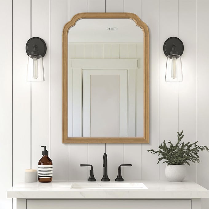 WOOD FRAME WALL MIRROR ROUNDED CORNER ARCH RECTANGLE MIRROR FOR ENTRYWAY LIVING ROOM OR BEDROOM HOME DECOR LIGHT WOODGRAIN 20 X 30 NATURAL COLOR