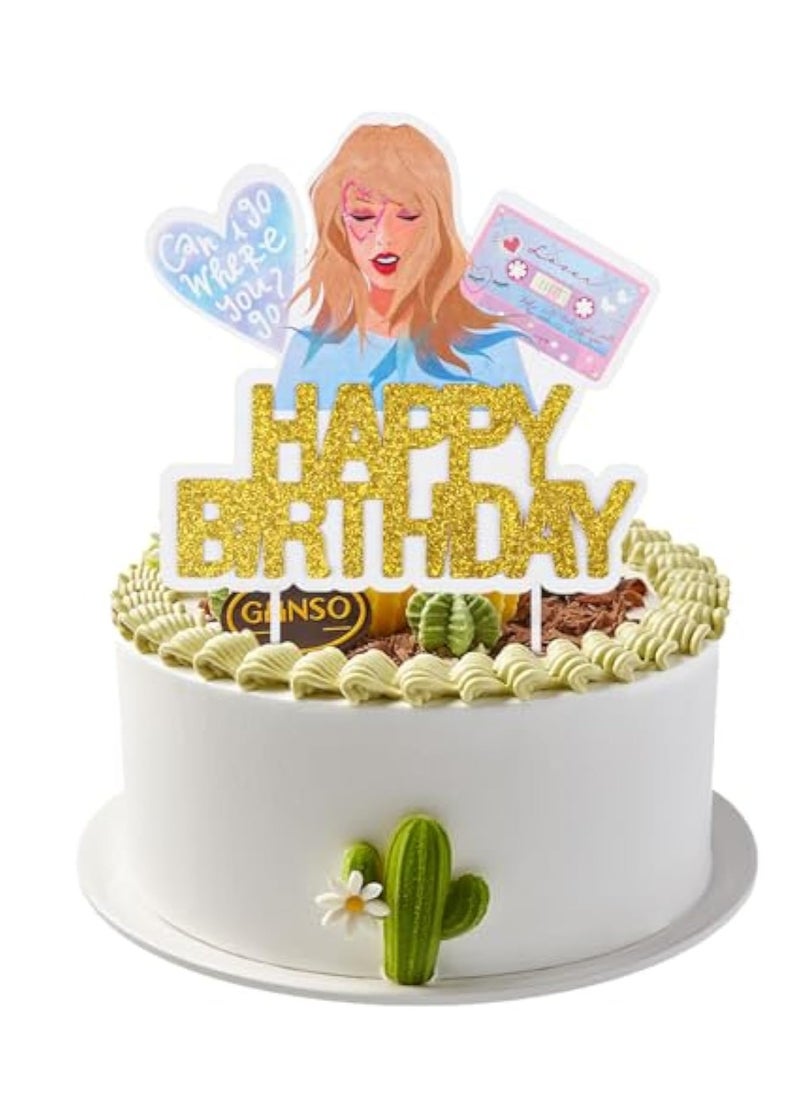 KASTWAVE 2Pcs Happy Birthday Cake Topper, Singer Taylor Birthday Decoration, Gold Glitter Cake Decorations, Taylor Cake Topper for Birthday Party Suppliers Girls Birthday Cake Decorations  - Image 1