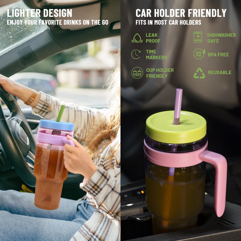 Cafezi 50 oz Tritan Plastic Tumbler with Handle and Straw | Leak-Proof BPA-Free Tumbler with Time Marker | Wide Mouth | Reusable Travel Mug for Camping, Sports, Office, Road Trips, Parties - Image 4