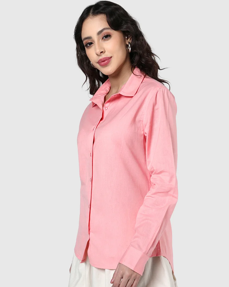 bewakoof Women's Light Pink Oversized Cotton Linen Shirt