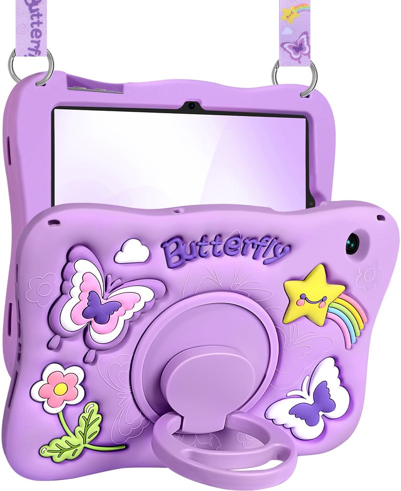 Kidcube for Samsung Galaxy Tab A9 Plus Case 11 Inch for Girls Cute Kawaii Girly 3D Purple Butterfly Design Cover with Rotating Stand Strap Unique Silicone Women for Samsung A9 Plus Tablet Cases