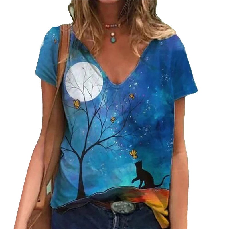 2021 New Pullover V-Neck Printed Street Short Sleeve Multi-Color Loose T-Shirt For Women - Image 1