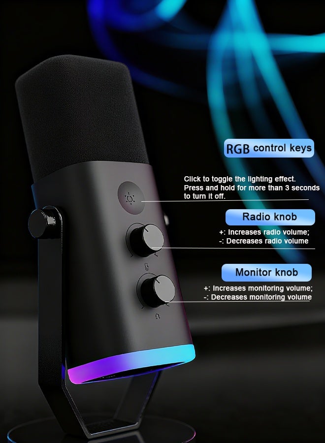 Bolivia's Microphone,Dynamic Microphone for Podcast Recording, PC Computer Gaming Streaming Mic with RGB Light, Mute Button, Headphones Jack, Desktop Stand, Vocal Mic for Singing YouTube - Image 2