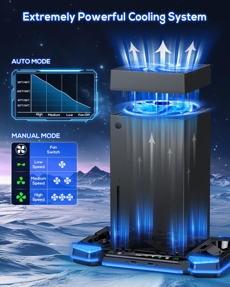 FYOUNG Upgraded Auto Cooling Fan System and Charging Stand for Xbox Series X Console & Controllers, Accessories with 11 RGB Lights & 2X1400 mAh Rechargeable Battery Pack & Headset Stand & Game Disc Storage [video game] - Image 2