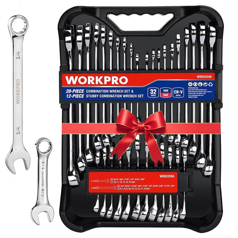 WORKPRO 32-Piece SAE & Metric Combination Wrenches Set, 20-Piece Standard wrenches and 12-Piece Stubby Wrenches with Organizer Tray, Cr-V Steel Mirror Chrome Polished - Image 1