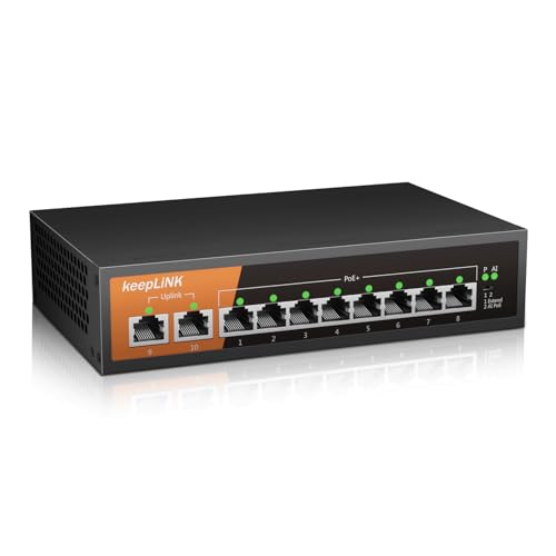 keepLiNK 8 Port Gigabit PoE Switch with 2 Gigabit Uplink, 135W Built-in Power Supply, 802.3AF/at Compliant, Desktop or Wall Mount, Ethernet Network Switch Unmanaged - Image 1