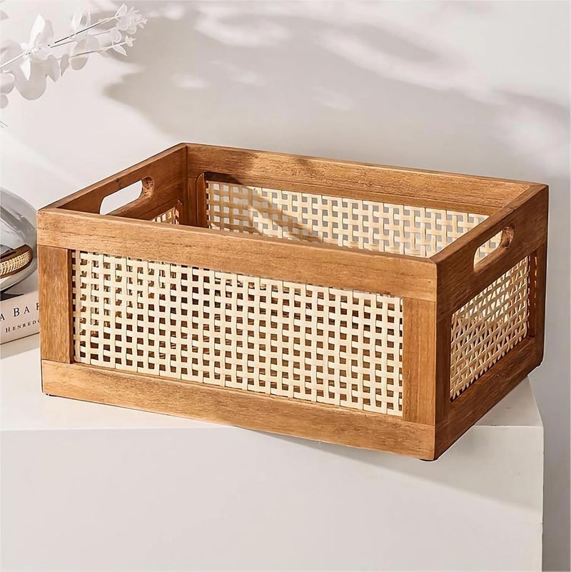 Fohome Wood Storage Basket,Farmhouse Boho Vintage Rattan Weaving Baskets for Organizing,Storage Bins for Stationery Household Cosmetic Closet Snack - Image 2