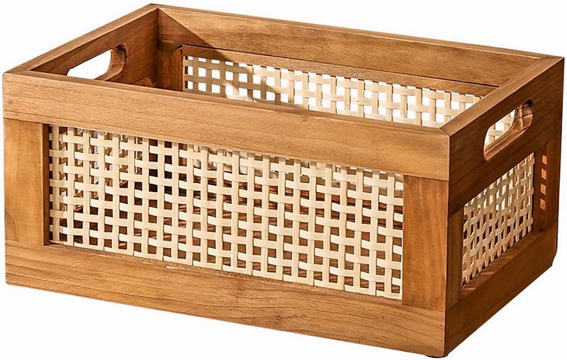 Fohome Wood Storage Basket,Farmhouse Boho Vintage Rattan Weaving Baskets for Organizing,Storage Bins for Stationery Household Cosmetic Closet Snack - Image 1