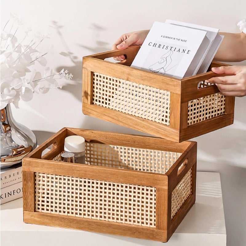 Fohome Wood Storage Basket,Farmhouse Boho Vintage Rattan Weaving Baskets for Organizing,Storage Bins for Stationery Household Cosmetic Closet Snack - Image 5