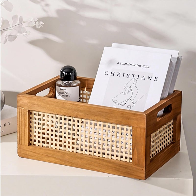 Fohome Wood Storage Basket,Farmhouse Boho Vintage Rattan Weaving Baskets for Organizing,Storage Bins for Stationery Household Cosmetic Closet Snack - Image 4