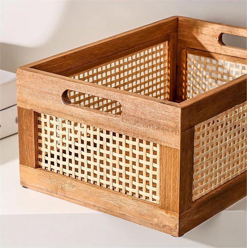 Fohome Wood Storage Basket,Farmhouse Boho Vintage Rattan Weaving Baskets for Organizing,Storage Bins for Stationery Household Cosmetic Closet Snack - Image 3