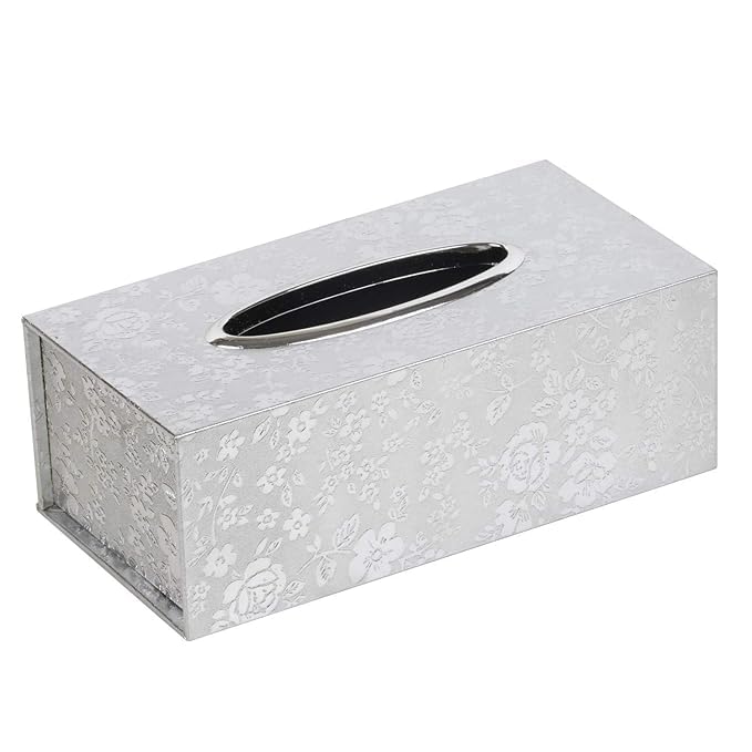 CLICKSWIFT غطاء صندوق مناديل مزخرف من كليك سويفت، نمط زهور، صندوق مناديل جذاب لحفظ المناديل الورقية، تخزين مناديل ورقية للمنزل والسيارة 1 قطعة (فضي) - Image 1