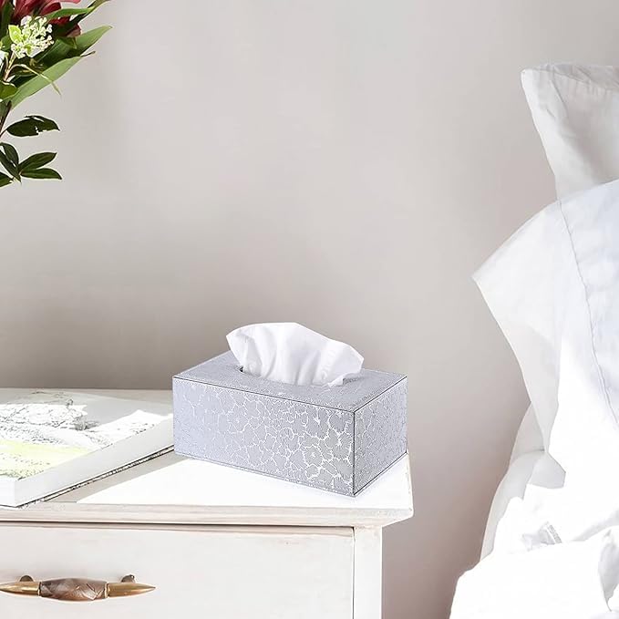 CLICKSWIFT غطاء صندوق مناديل مزخرف من كليك سويفت، نمط زهور، صندوق مناديل جذاب لحفظ المناديل الورقية، تخزين مناديل ورقية للمنزل والسيارة 1 قطعة (فضي) - Image 5