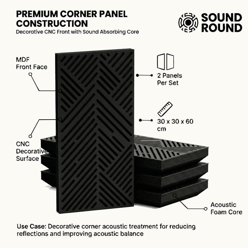 ساوند راوند ألواح SoundRound الصوتية للجدران بتصميم شيفرون ويف، 4 قطع سوداء من MDF محفور CNC لامتصاص الصوت، 30 × 60 سم - Image 5