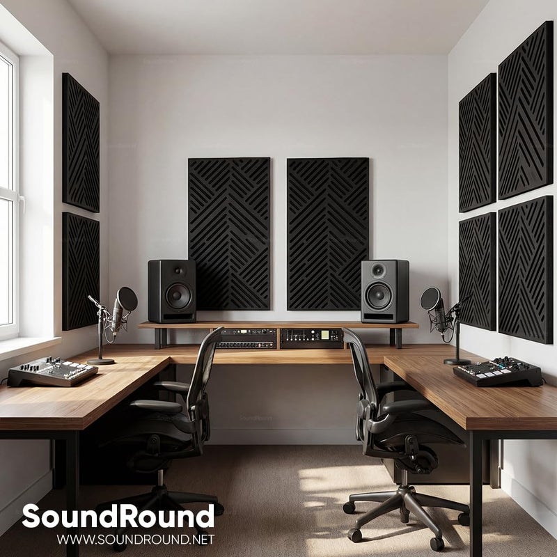 ساوند راوند ألواح SoundRound الصوتية للجدران بتصميم شيفرون ويف، 4 قطع سوداء من MDF محفور CNC لامتصاص الصوت، 30 × 60 سم - Image 4