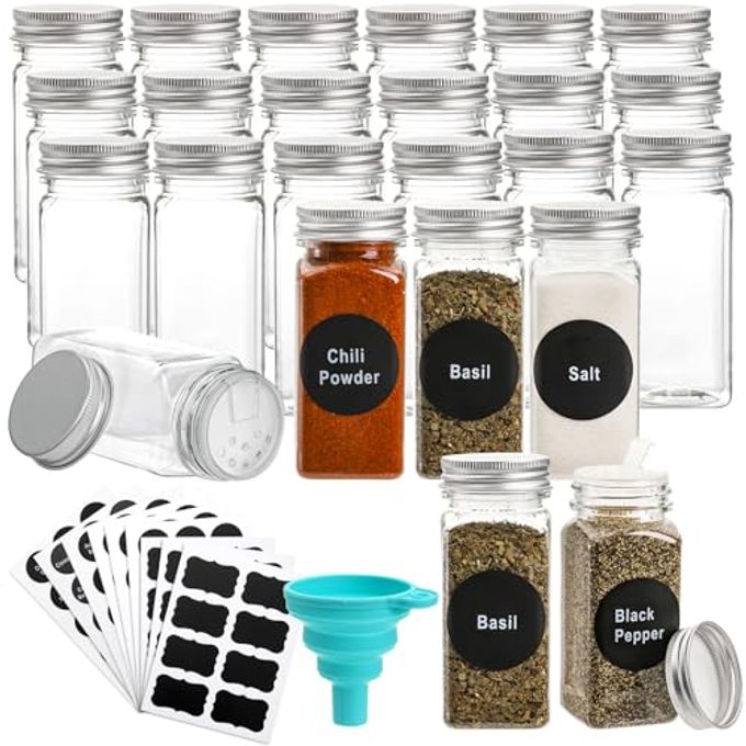 WUWEOT 24 Pack Plastic Spice Jars, 4 oz Spice Bottle Square Seasoning Containers, Reusable Salt Pepper Shaker with Airtight Lid Labels and Funnel for Spice, Herbs, Powder and Glitters