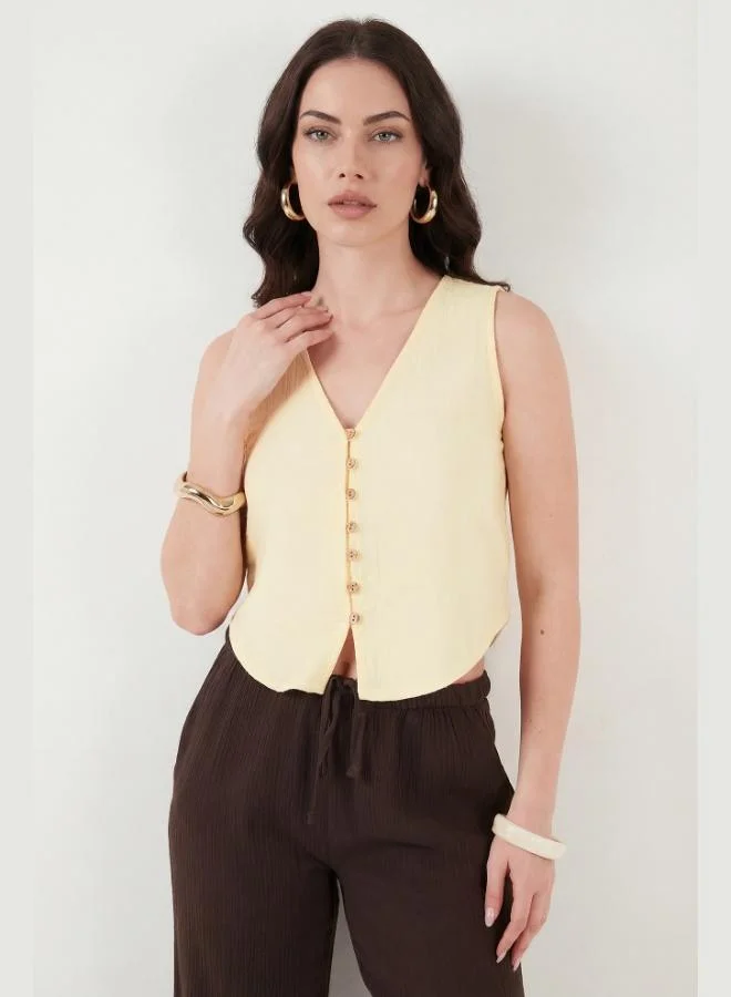 Lela  Lela Cotton Regular Fit V-Neck Button Detail Summer Blouse Vest Women's VEST 5866661 for Women | Best Price UAE