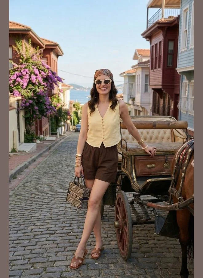 ليلا Lela Cotton Regular Fit V-Neck Button Detail Summer Blouse Vest Women's VEST 5866661