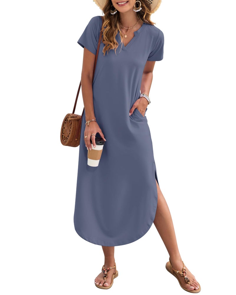 MISFAY Women's Summer Casual Maxi Dress 2026 Short Sleeves V Neck Loose Sundress Split Long Beach T Shirt Dress Vacation Outfits(Purple Gray,L) - Image 1