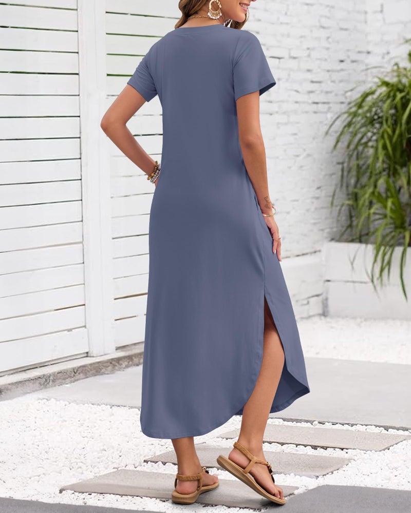 MISFAY Women's Summer Casual Maxi Dress 2026 Short Sleeves V Neck Loose Sundress Split Long Beach T Shirt Dress Vacation Outfits(Purple Gray,L) - Image 3