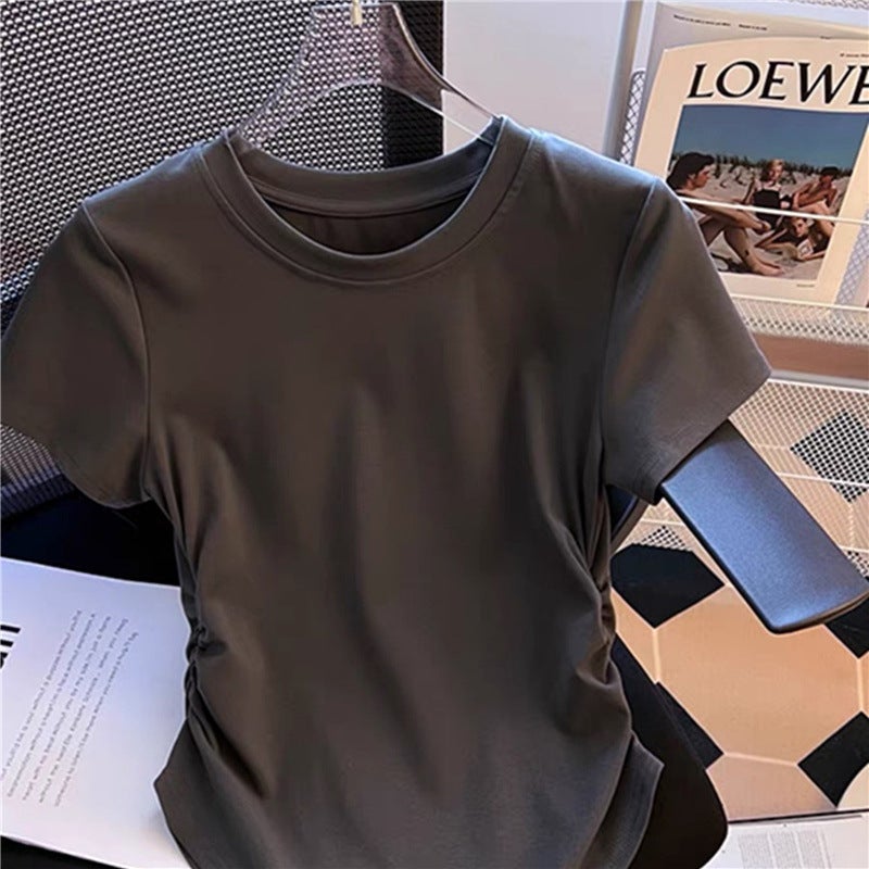 Irregular Short-Sleeved T-Shirt Women'S 2024 Korean Style Loose Design Sense Niche Pleated Waist Tight Top Trendy - Image 4