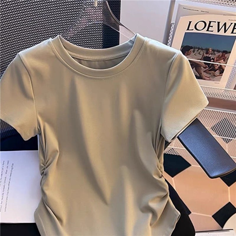 Irregular Short-Sleeved T-Shirt Women'S 2024 Korean Style Loose Design Sense Niche Pleated Waist Tight Top Trendy - Image 2