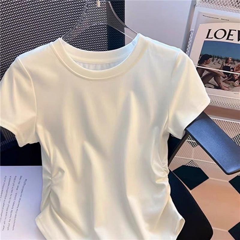 Irregular Short-Sleeved T-Shirt Women'S 2024 Korean Style Loose Design Sense Niche Pleated Waist Tight Top Trendy - Image 3