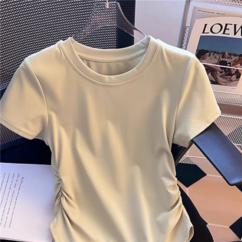 Irregular Short-Sleeved T-Shirt Women'S 2024 Korean Style Loose Design Sense Niche Pleated Waist Tight Top Trendy - Image 5