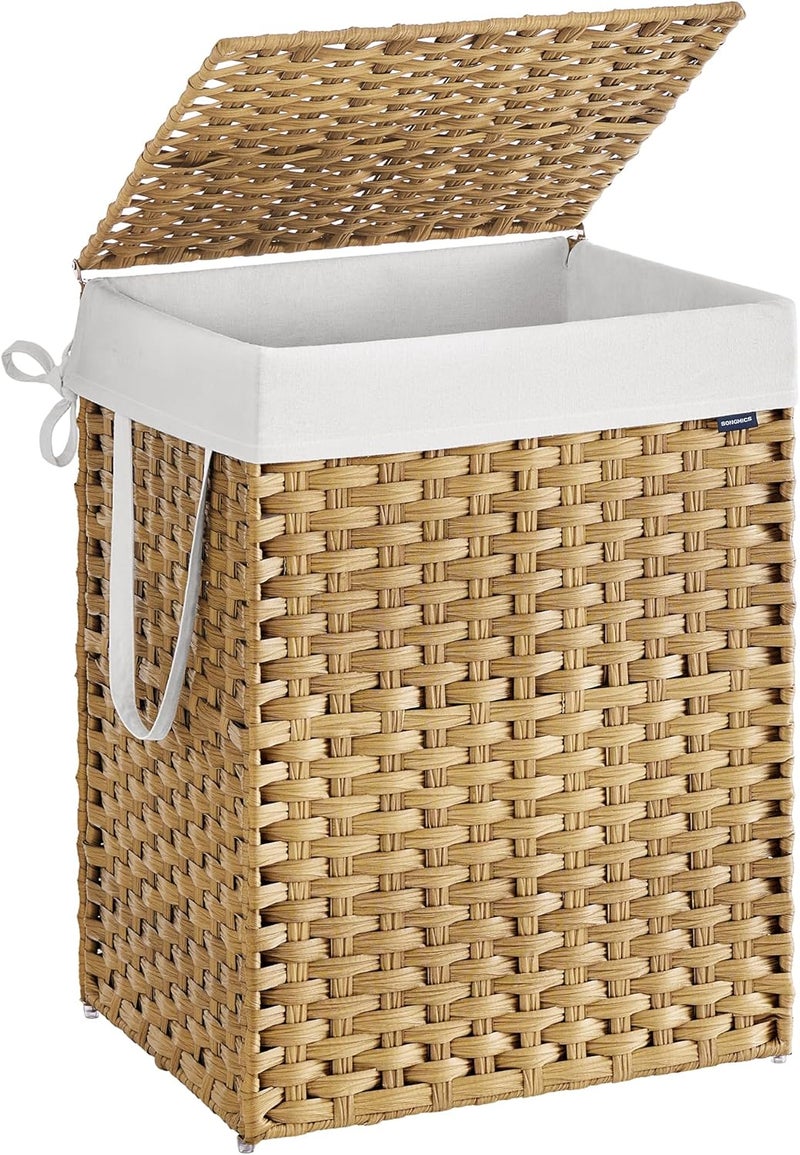 SONGMICS Laundry Hamper with Lid, 29.1 Gallon (110 L) Synthetic Rattan Clothes Laundry Basket with Lid and Handles, Foldable, Removable Liner, Natural Color - Image 1
