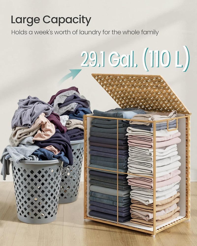 SONGMICS Laundry Hamper with Lid, 29.1 Gallon (110 L) Synthetic Rattan Clothes Laundry Basket with Lid and Handles, Foldable, Removable Liner, Natural Color - Image 5