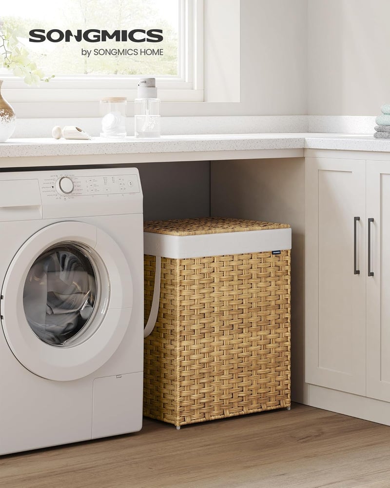 SONGMICS Laundry Hamper with Lid, 29.1 Gallon (110 L) Synthetic Rattan Clothes Laundry Basket with Lid and Handles, Foldable, Removable Liner, Natural Color - Image 2